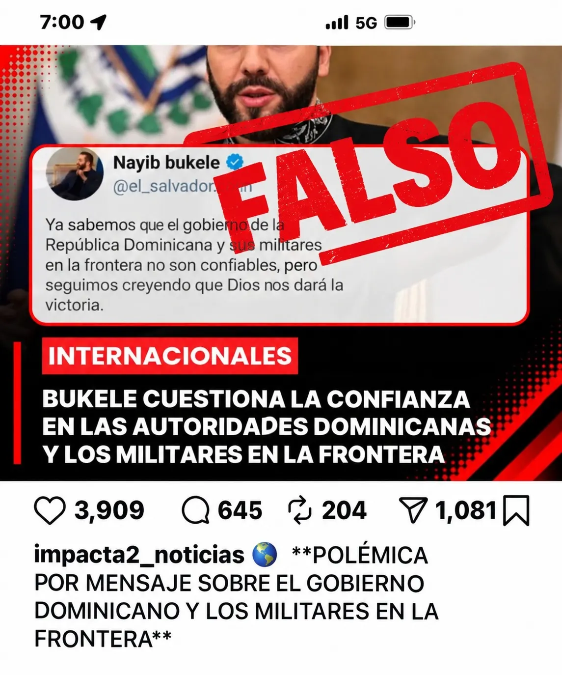 MIREX desmiente mensaje falso atribuido a Bukele contra República Dominicana