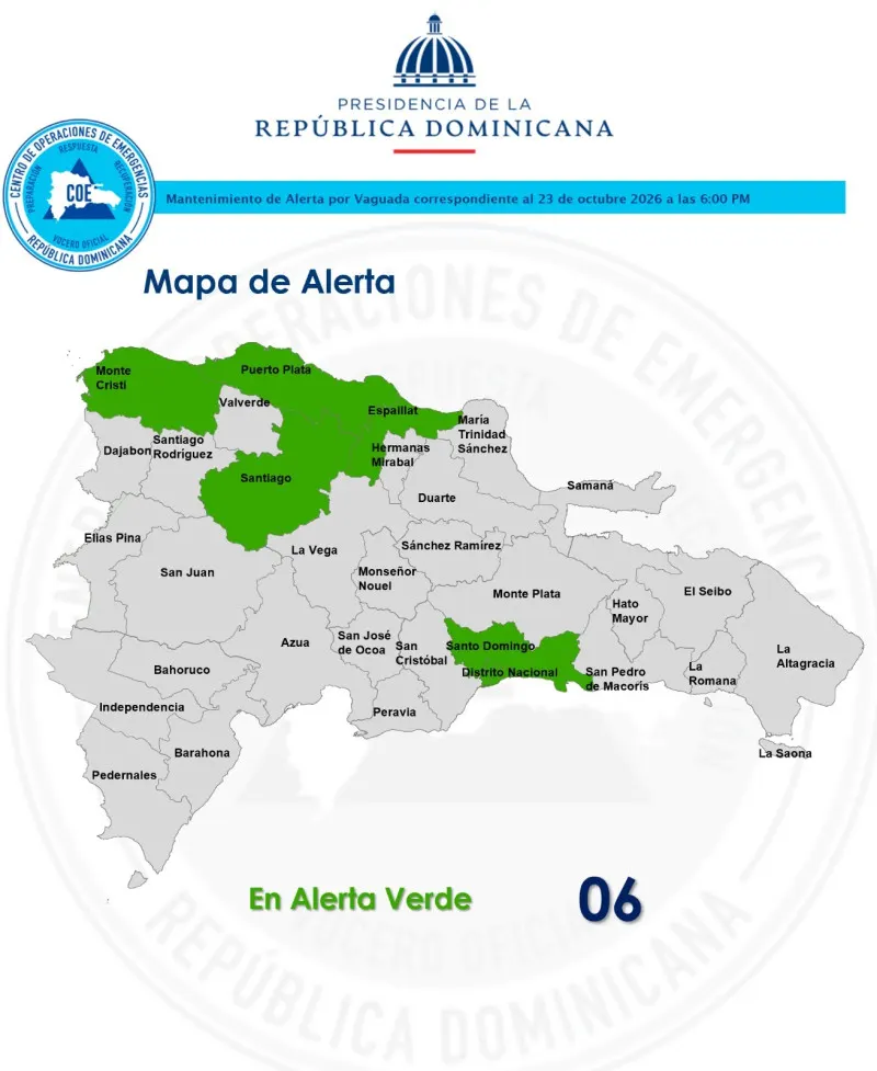 COE baja alerta verde a seis zonas por menos lluvias en RD