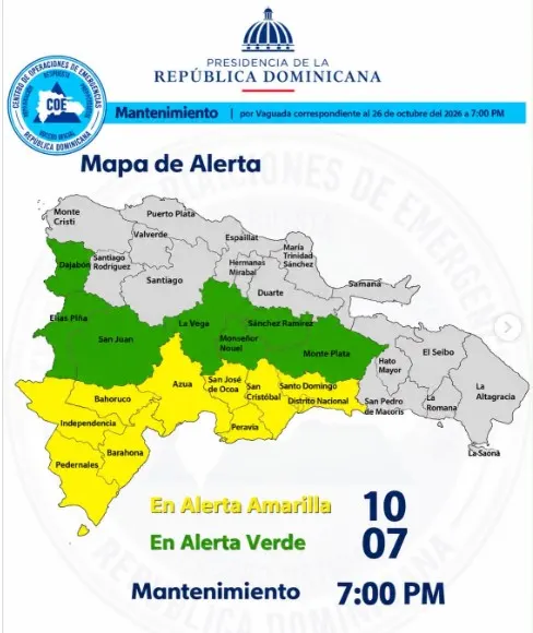 Coe mantiene 10 provincias en alerta amarilla por vaguada