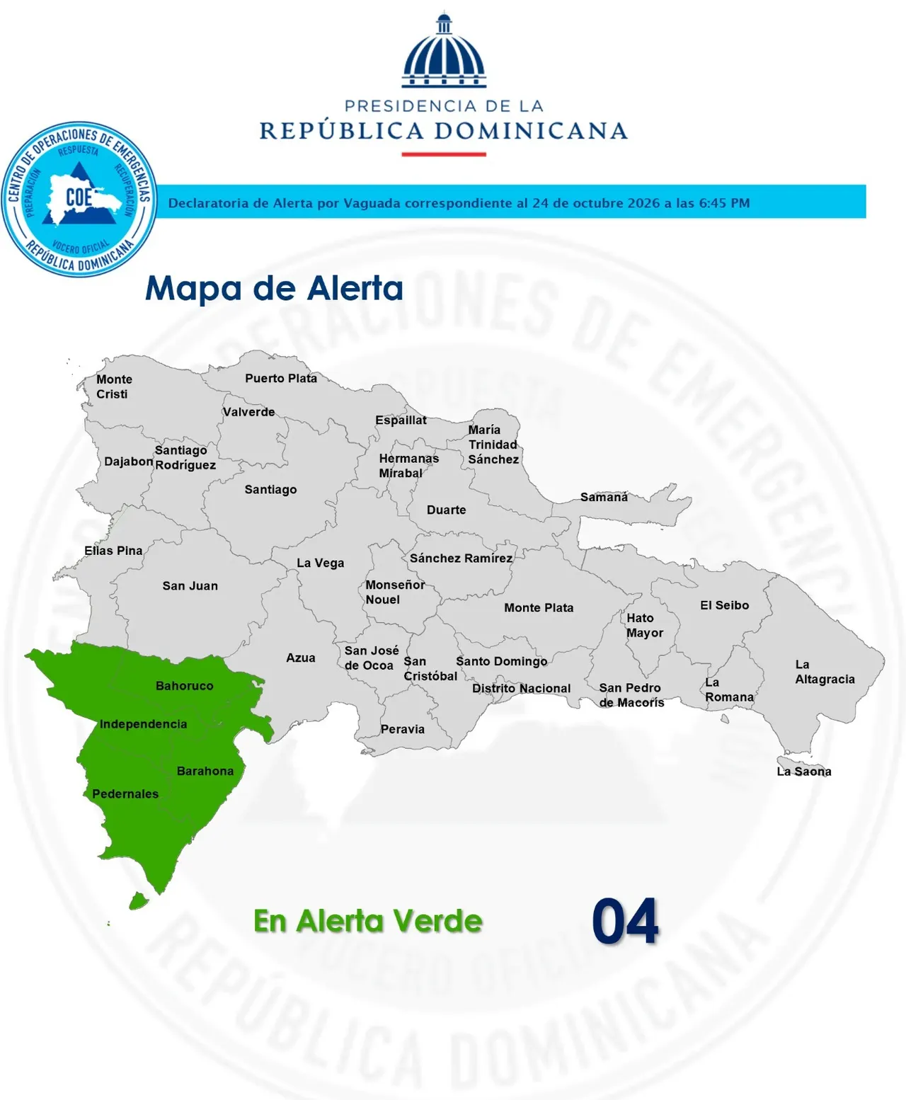 COE mantiene alerta verde en cuatro provincias