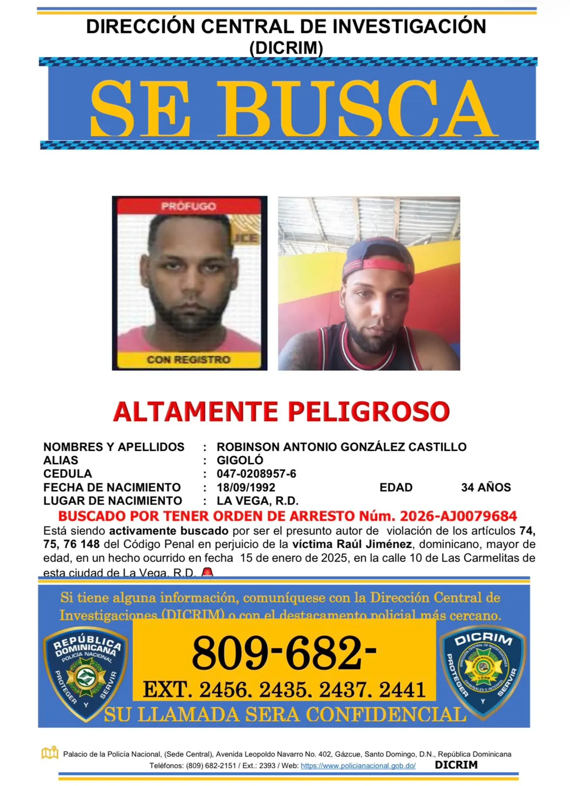 DICRIM busca a hombre acusado de violación en La Vega