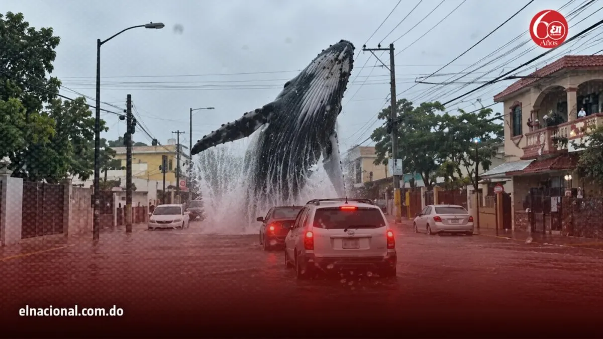 Video de IA transforma calle inundada en escena marina en Santo Domingo